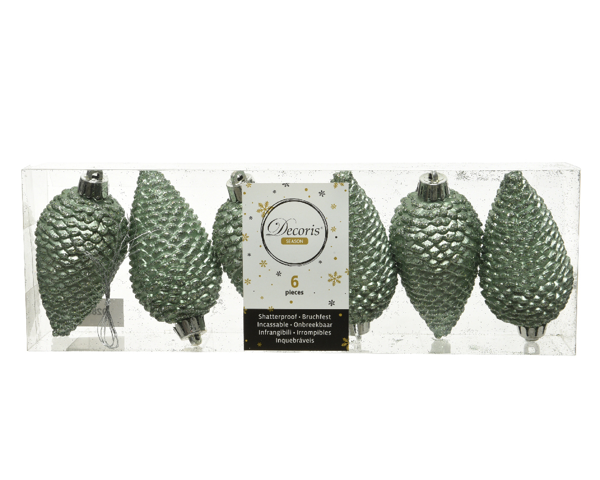 Decoris Kersthanger Dennenappels Groen Glitter 6 Stuks