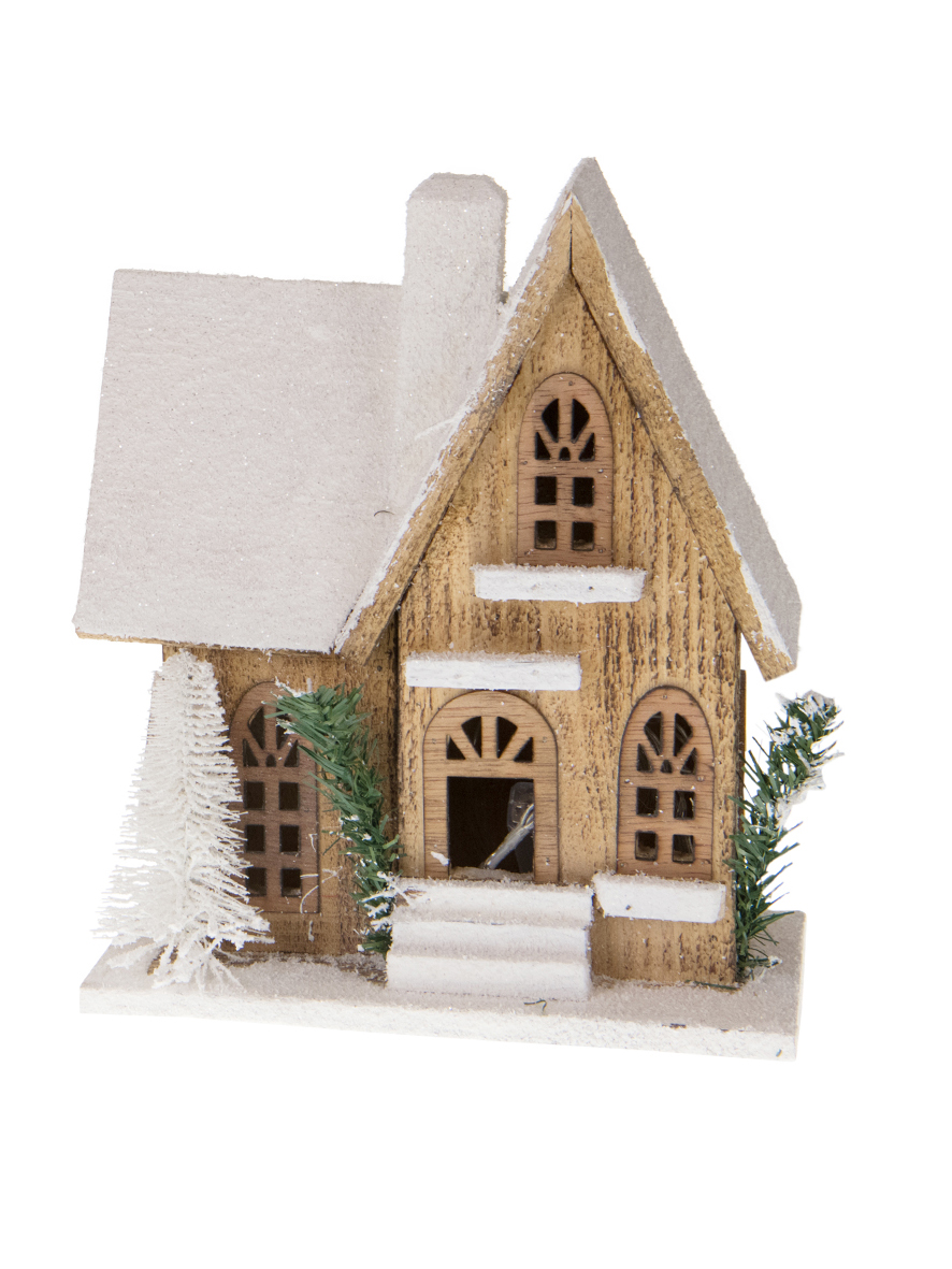 Houten Kersthuisje Met Verlichting En Sneeuw 27cm