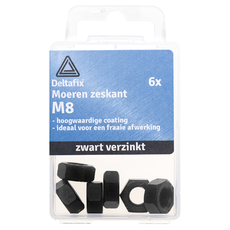 Afbeelding Deltafix Moeren Zeskant M8 Zwart VZ 6 Stuks door Haxo.nl