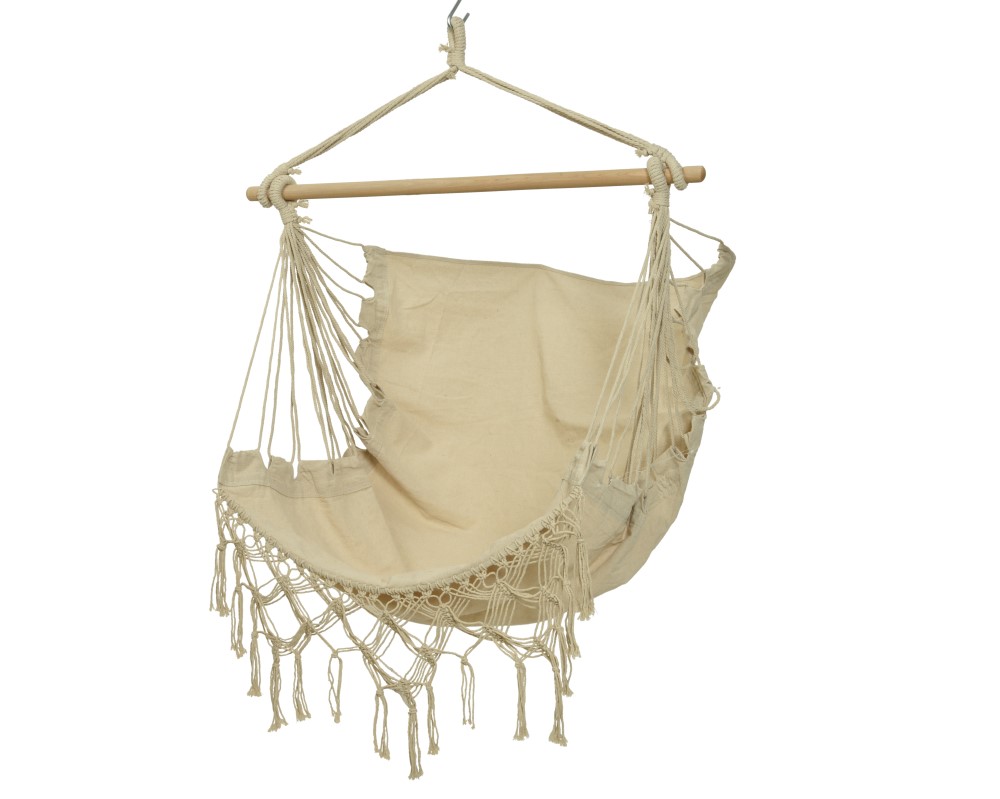 Hangstoel Polyester Katoen Kwastjes Berkenhout Creme