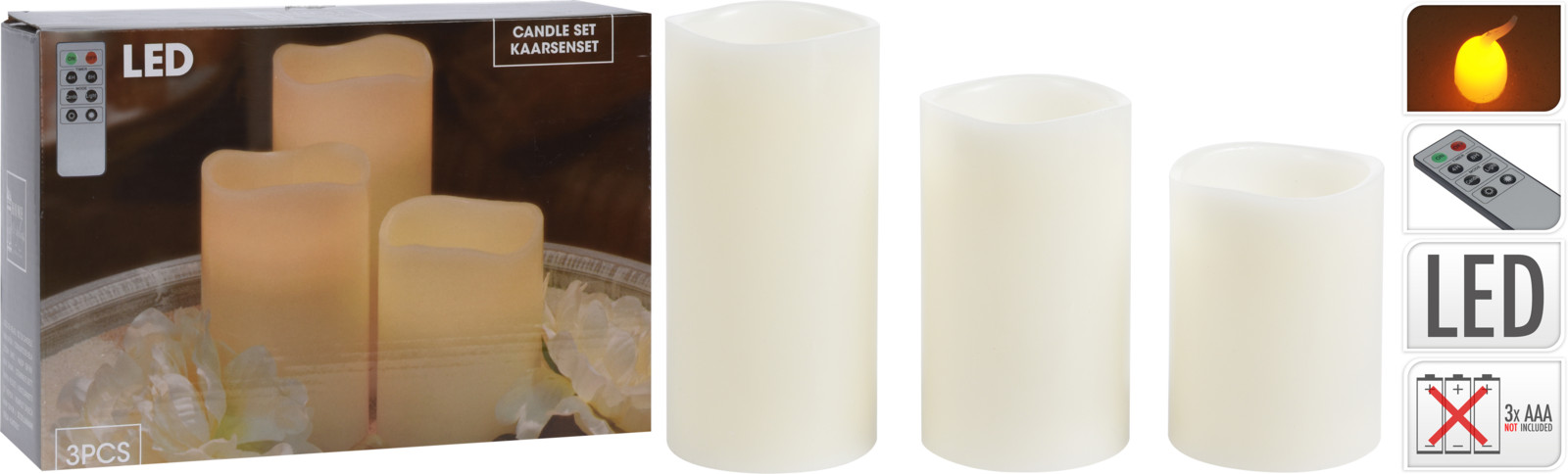 Kerst kaarsen LED wit set 3 stuks