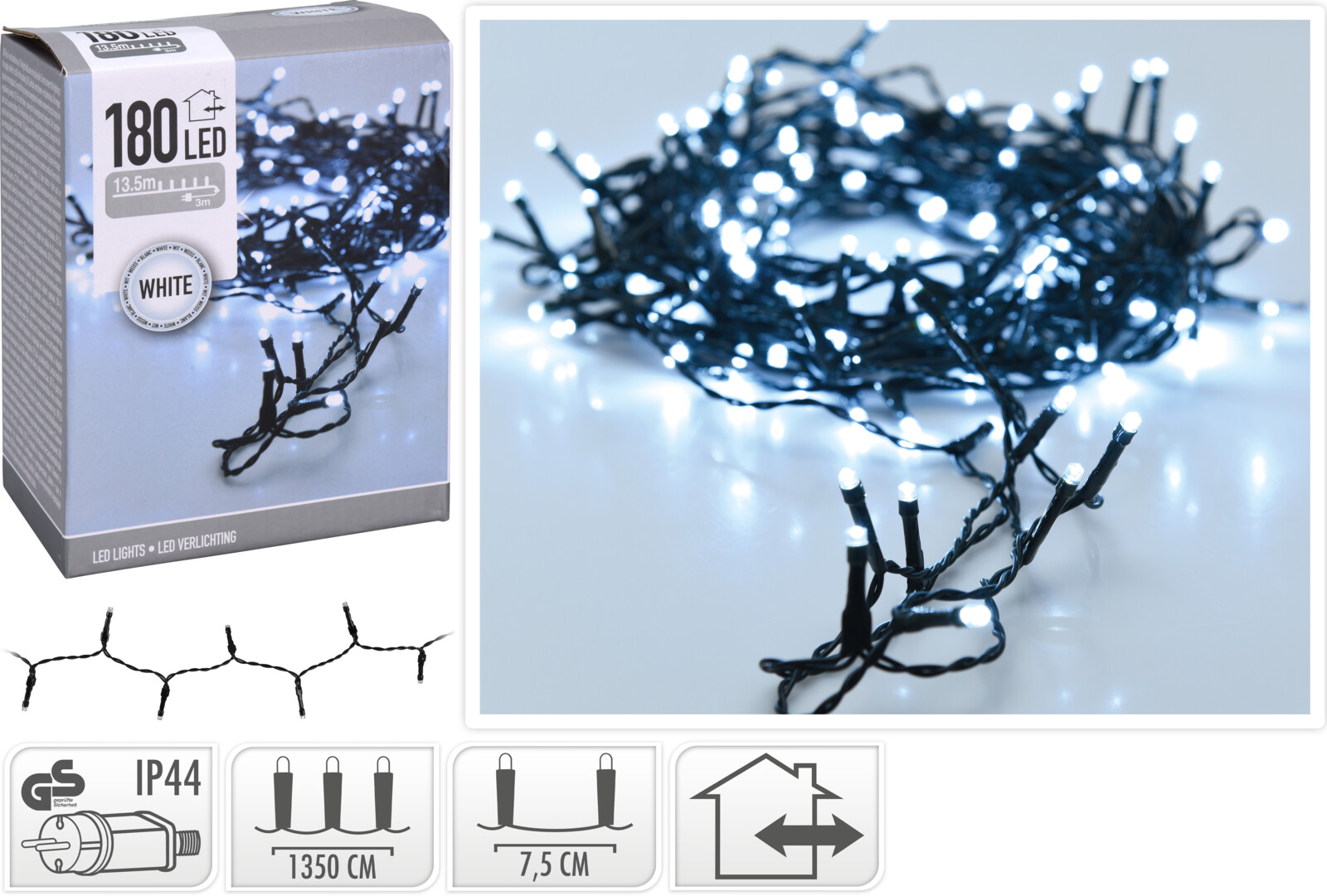 Kerstverlichting 180 LED wit buiten/binnen 13,5 meter