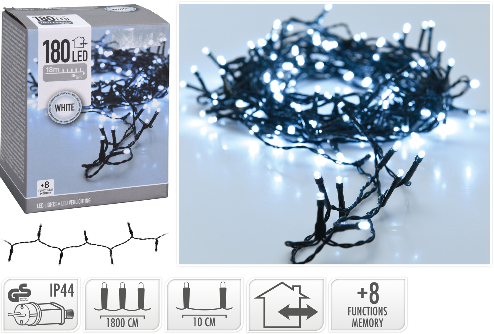 Kerstverlichting 180 LED koud wit buiten/binnen 18 meter