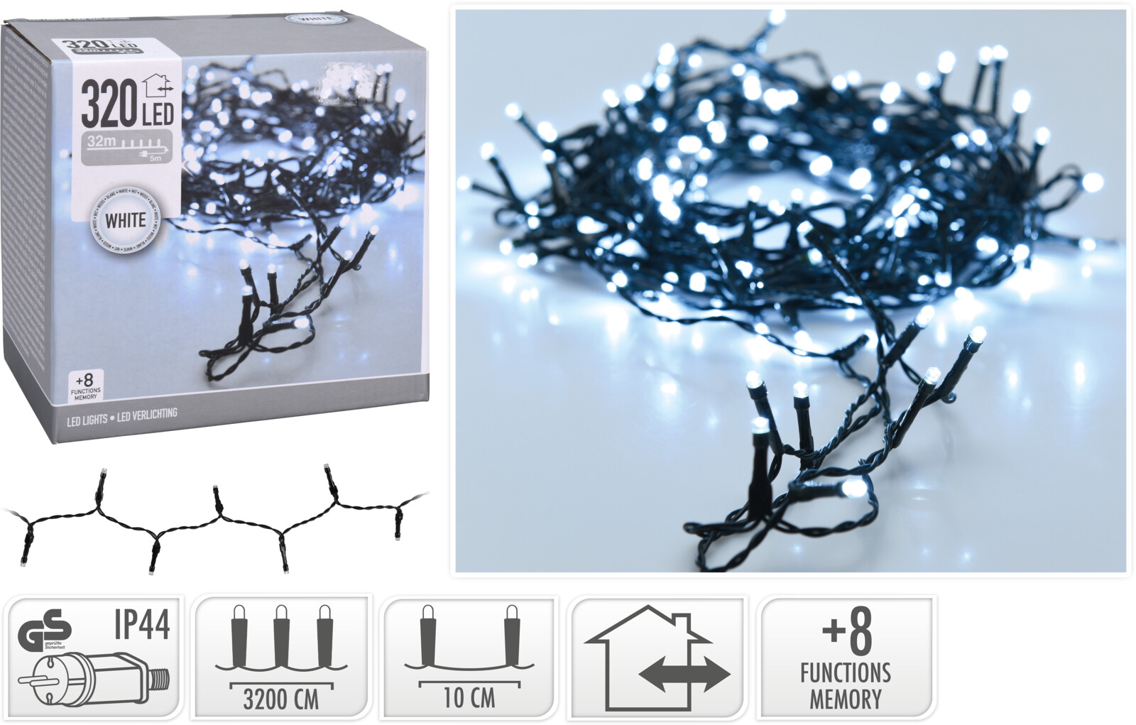 Kerstverlichting 320 LED koud wit buiten/binnen 32 meter