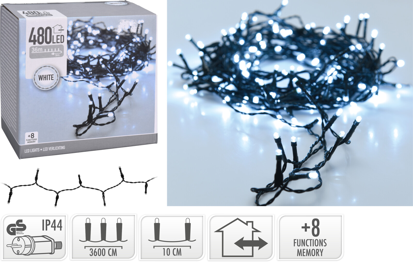 Kerstverlichting 480 LED koud wit buiten/binnen 36 meter