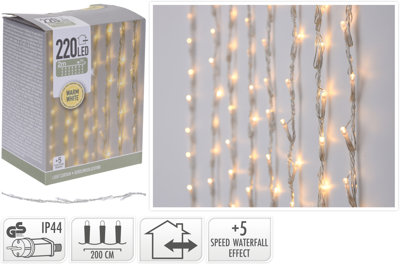 Kerst gordijnverlichting 220 LED warm wit 2 meter