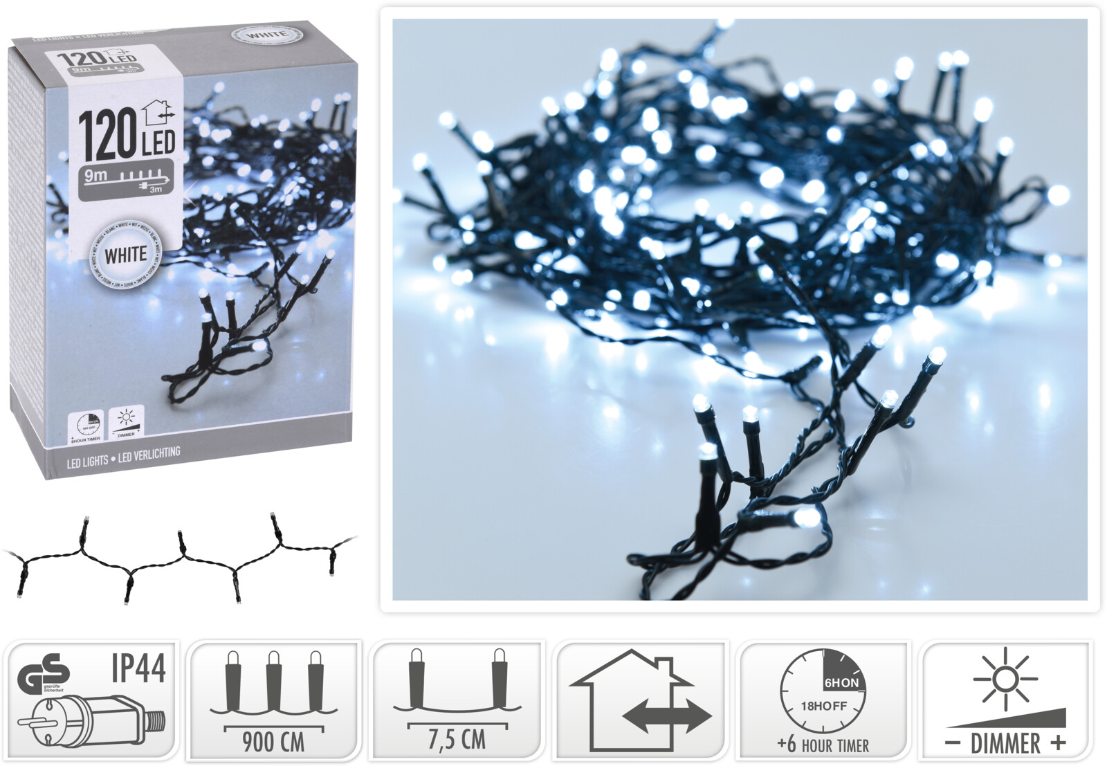 Kerstverlichting 120 LED wit buiten/binnen 9 meter