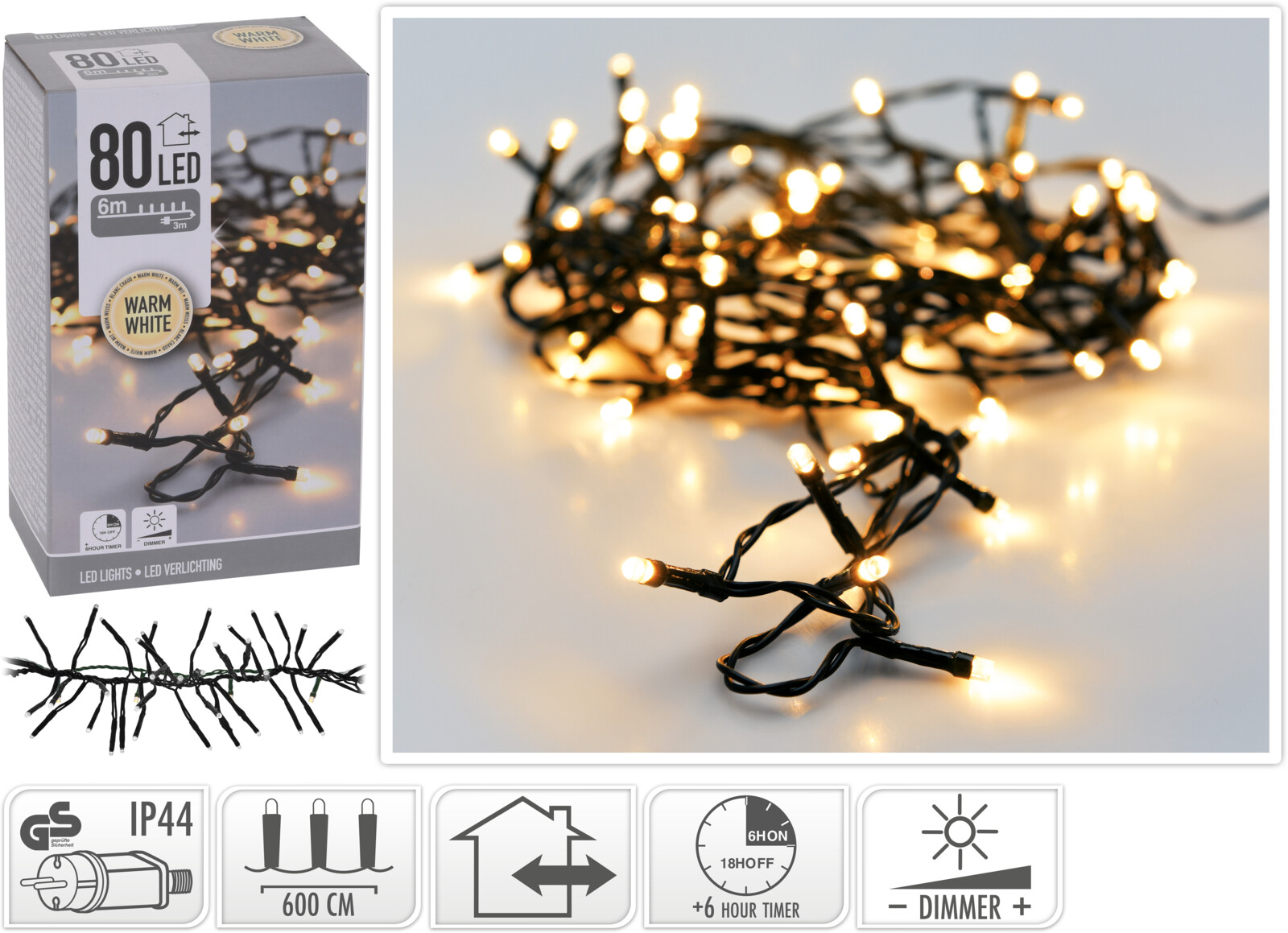 Kerstverlichting 80 LED warm wit buiten/binnen 6 meter