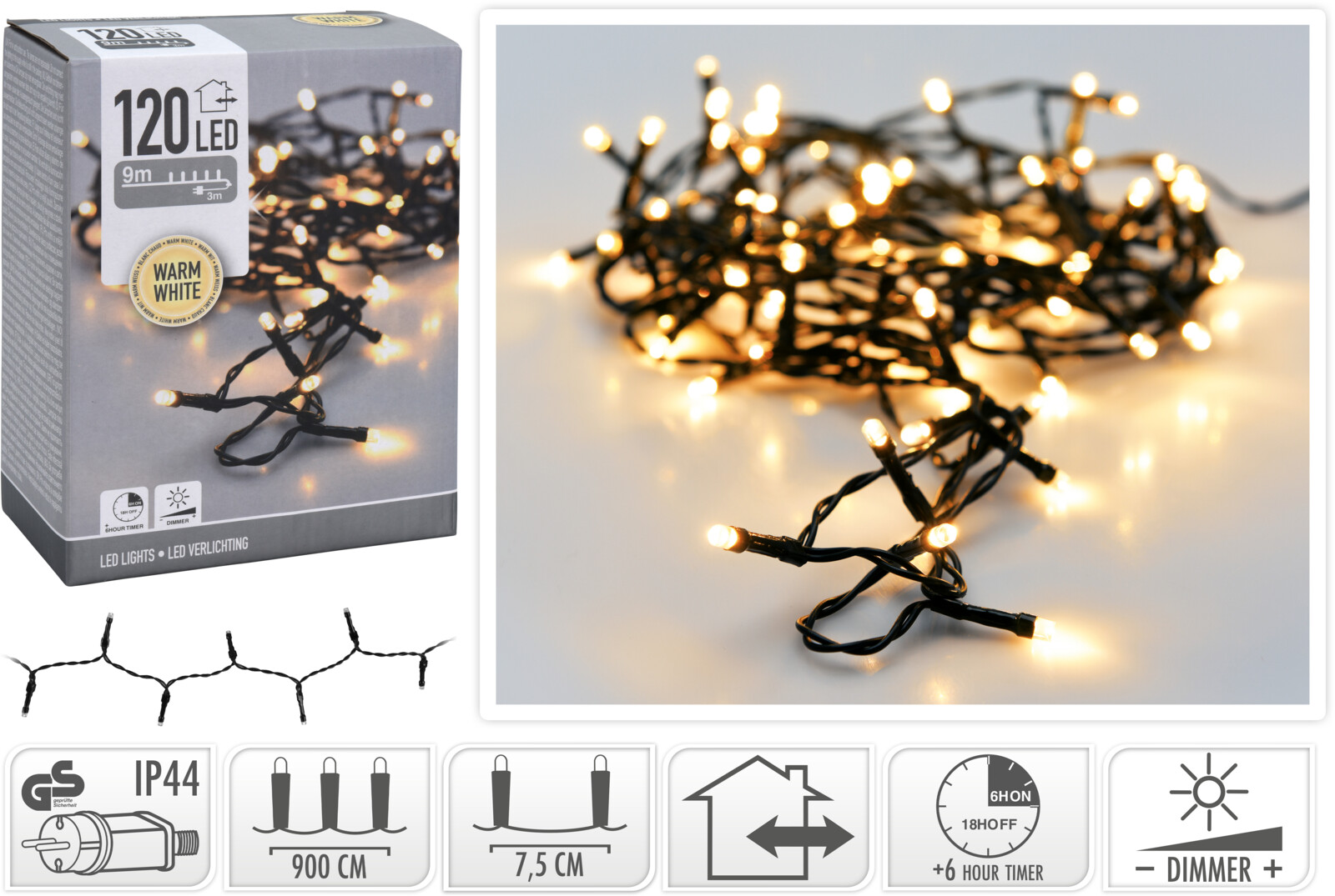 Kerstverlichting 120 LED warm wit buiten/binnen 9 meter