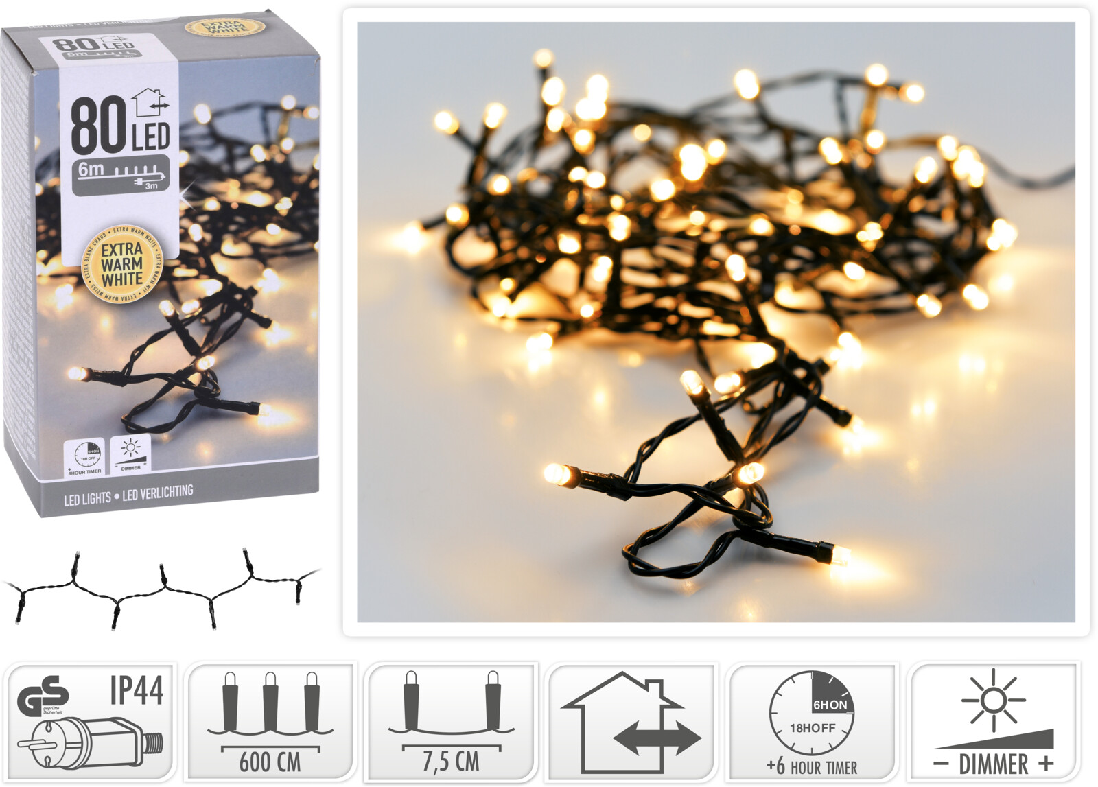 Kerstverlichting 80 LED extra warm wit buiten/binnen 6 meter