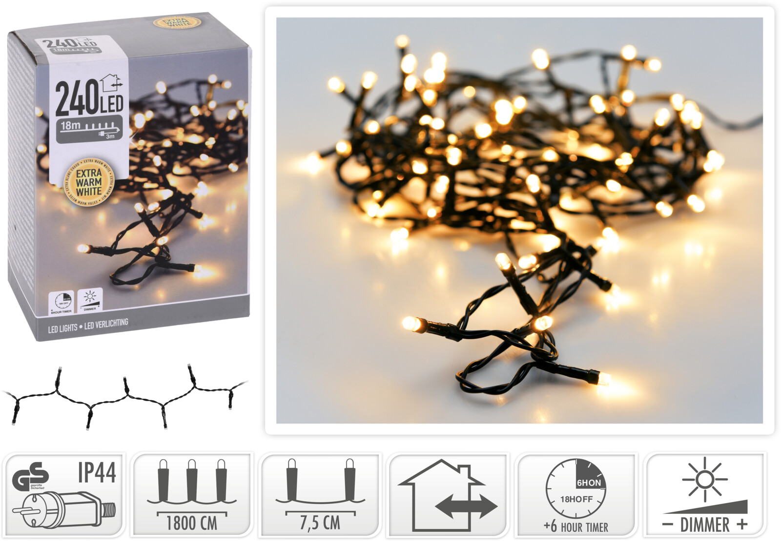 Kerstverlichting 240 LED binnen extra warm wit buiten/binnen 18 meter