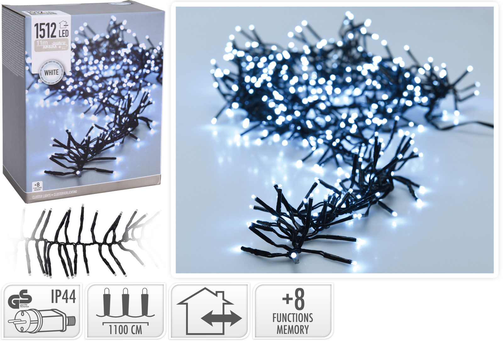 Kerst clusterverlichting 1512 LED wit buiten/binnen 11 meter