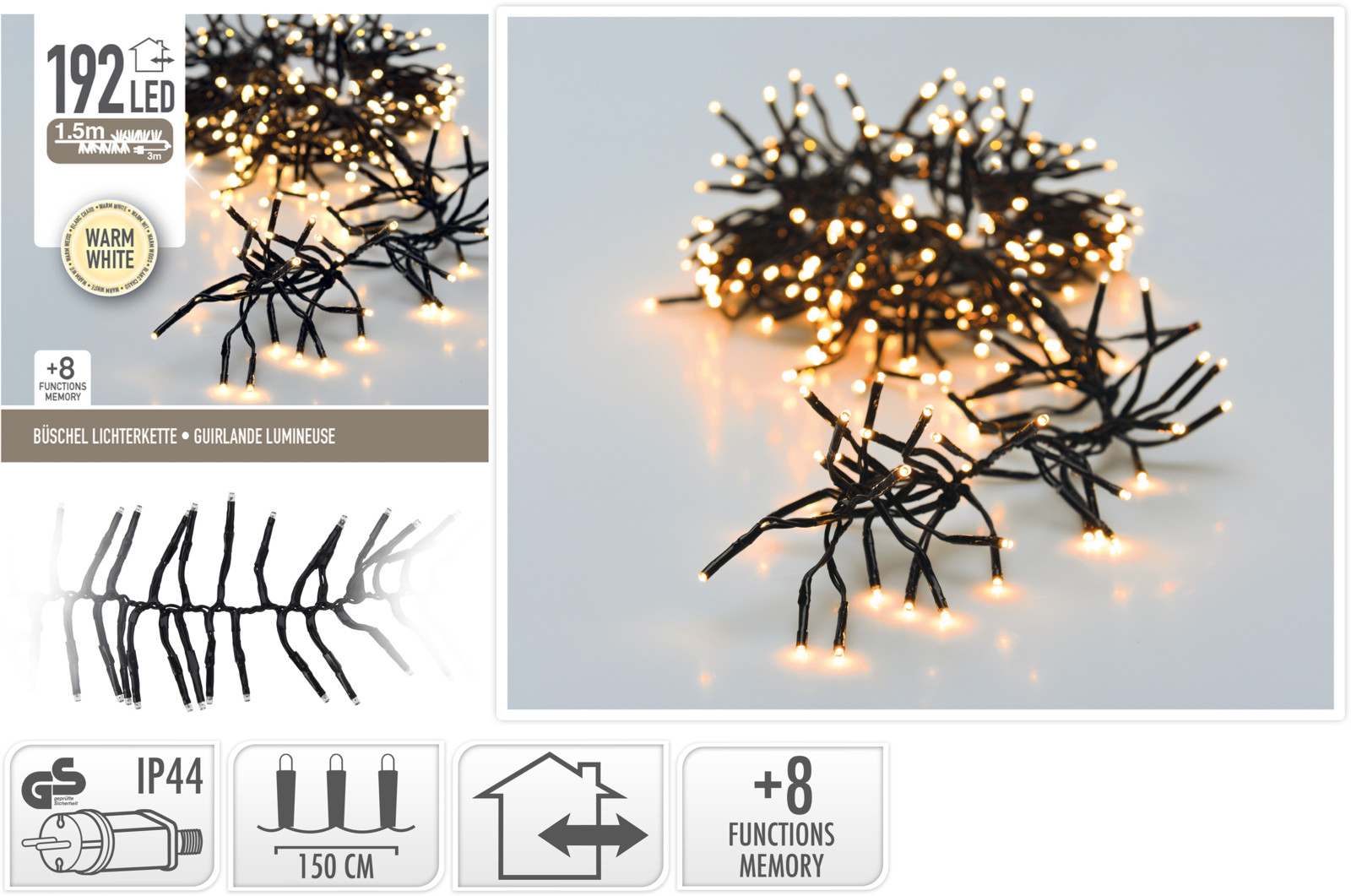 Kerstverlichting Cluster 192 LED Warm Wit 4.5 Meter