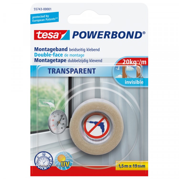 Tesa Powerbond Montagetape Transparant 19 mm 1.5 Meter